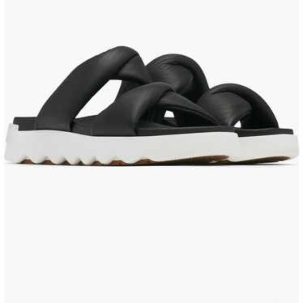 Sorel Black Padded Cross-Strap Slide Sandals with White Sole